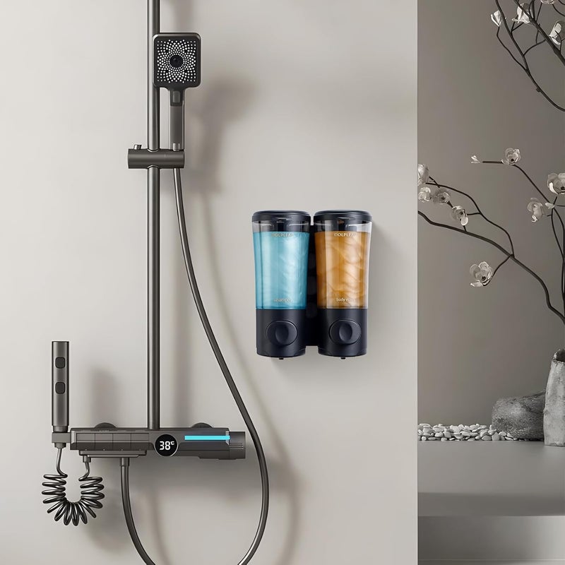 DOLPLEAP Shampoo Conditioner Body Wash Dispenser No Drill Shower Soap Dispenser Wall Mounted Shampoo Dispenser 2 Chamber with Upgrade Pump Head Bathroom Soap Dispenser 450ml/Each Black - Image 5